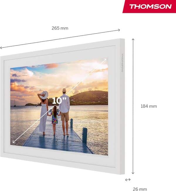 Thomson 10 Pouces Cadre Photo Numérique Blanc Résolution HD 1280 IPS Tactile, WiFi, Rotation Automatique, Multiutilisateur, Vidéo, Diaporama