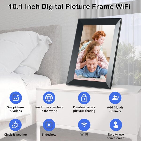 FRAMEO Cadre Photo Numérique WiFi VESWWE 10,1 Pouces 1280x800 IPS Écran Tactile Mémoire Intégrée 32 Go Rotation Automatique Partagez des Photos et des vidéos à l'aide de l'application Frameo