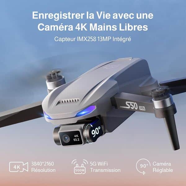 Ameta Drone avec Camera 4K et GPS, S50 Lite Drone FPV pour Adultes et Enfants avec Suiveur et Retour Automatique/ 50min de Vol/Mode Intelligent/Contrôle par Gestes/Portée 500M, Moins de 249g