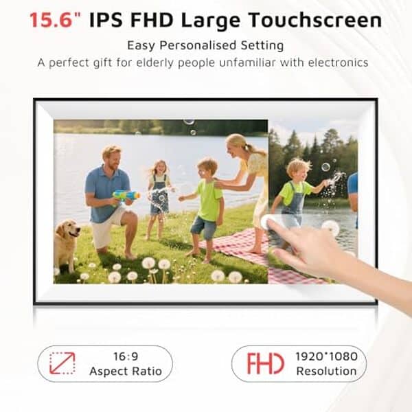 Découvrez le cadre photo numérique Hesmor 15, 6 pouces avec écran fHD tactile et 32 Go de stockage pour sublimer vos souvenirs.