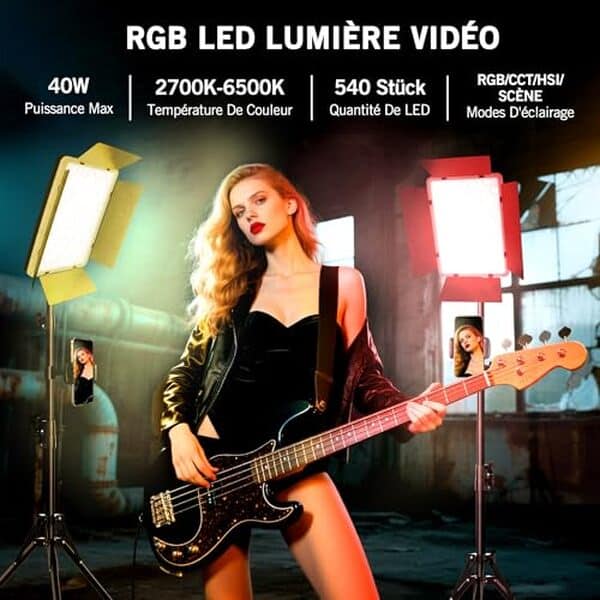 Découvrez les caractéristiques du Niceveedi Lumiere Photo RGB 15 inch : un éclairage studio 40W puissant et polyvalent idéal pour vos besoins photographiques et créatifs.