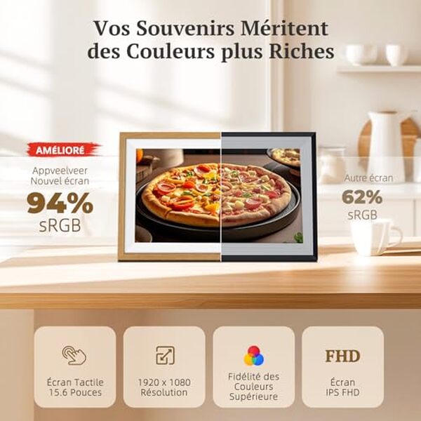 Découvrez l'élégance et la technologie du cadre photo numérique Frameo 15.6'' avec bois de chêne. Un accessoire idéal pour vos souvenirs.