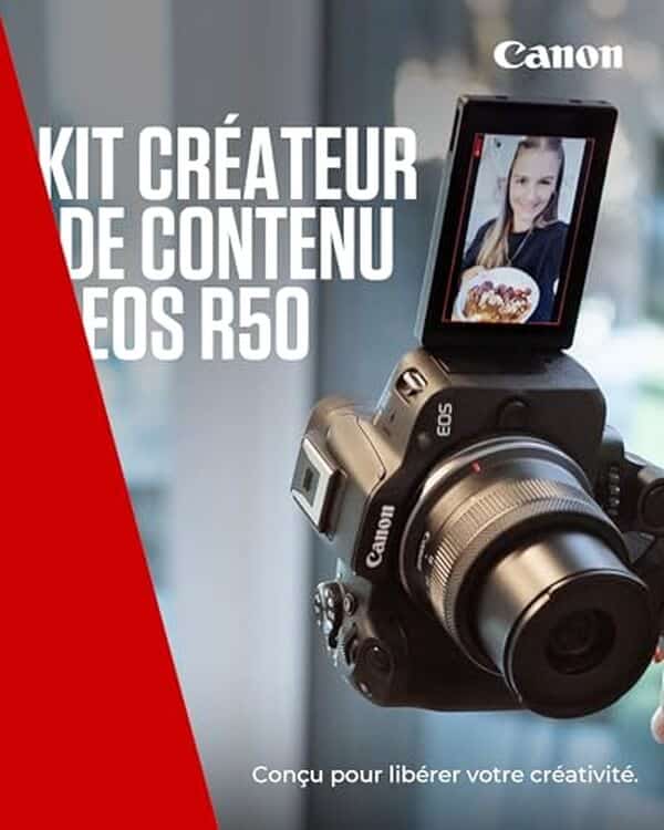Découvrez le Canon EOS R50, un appareil photo hybride APS-C vraiment compact et performant, idéal pour les vloggers cherchant à filmer en 4K.