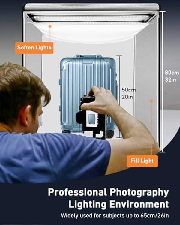 Découvrez le studio photo portable Duclus 80x80 cm, idéal pour la photographie de grands produits grâce à sa lumière LED réglable et sa facilité d'utilisation
